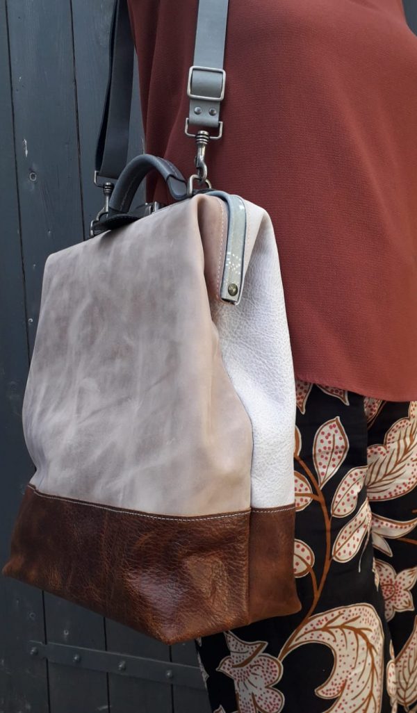 Leren dames laptoptas hoog bruin grijs